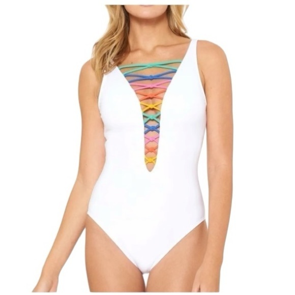 Bleu Rod Beattie White Multi Rainbow Lace Down One-Piece - Picture 1 of 7